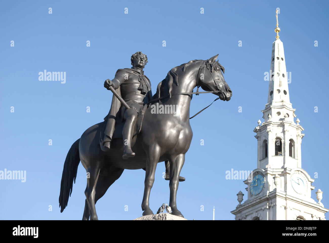 equestrian statue of george iv by sir francis chantrey, st martins in the fields in background, trafalgar squre, london, england Stock Photo