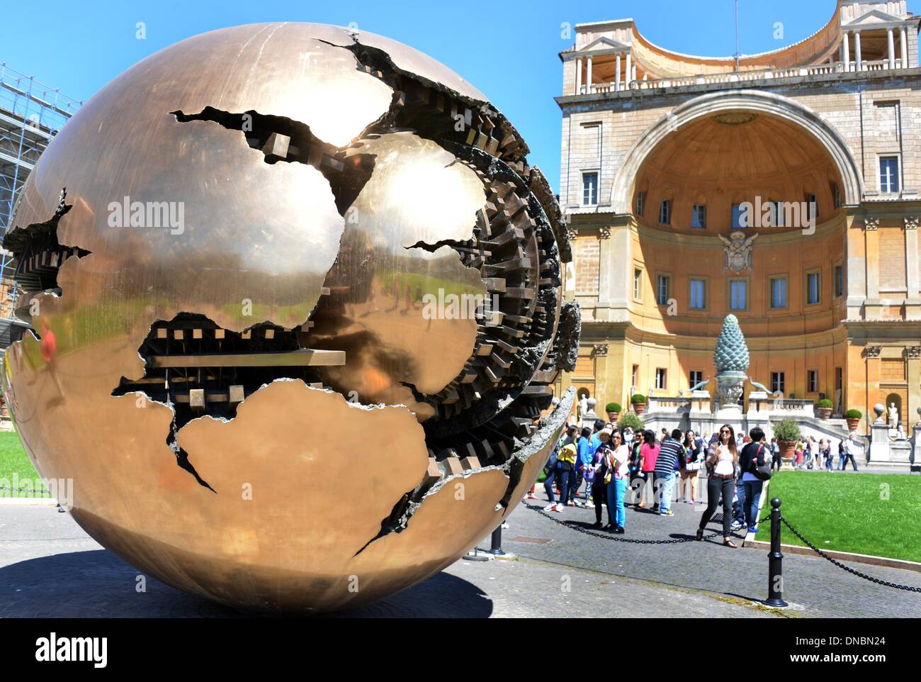 The pine court of the Vatican Museums is pictured in Rome, Italy, 13 May  2013. The golden ball 'Sfera con Sfera' made by Arnoldo Pomodoro in 1990 is  pictured in the foreground.
