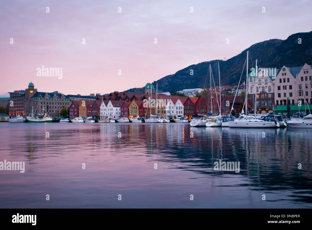 A view of Bryggen and Vågen in beautiful Bergen, Norway, at sunrise. Stock Photo