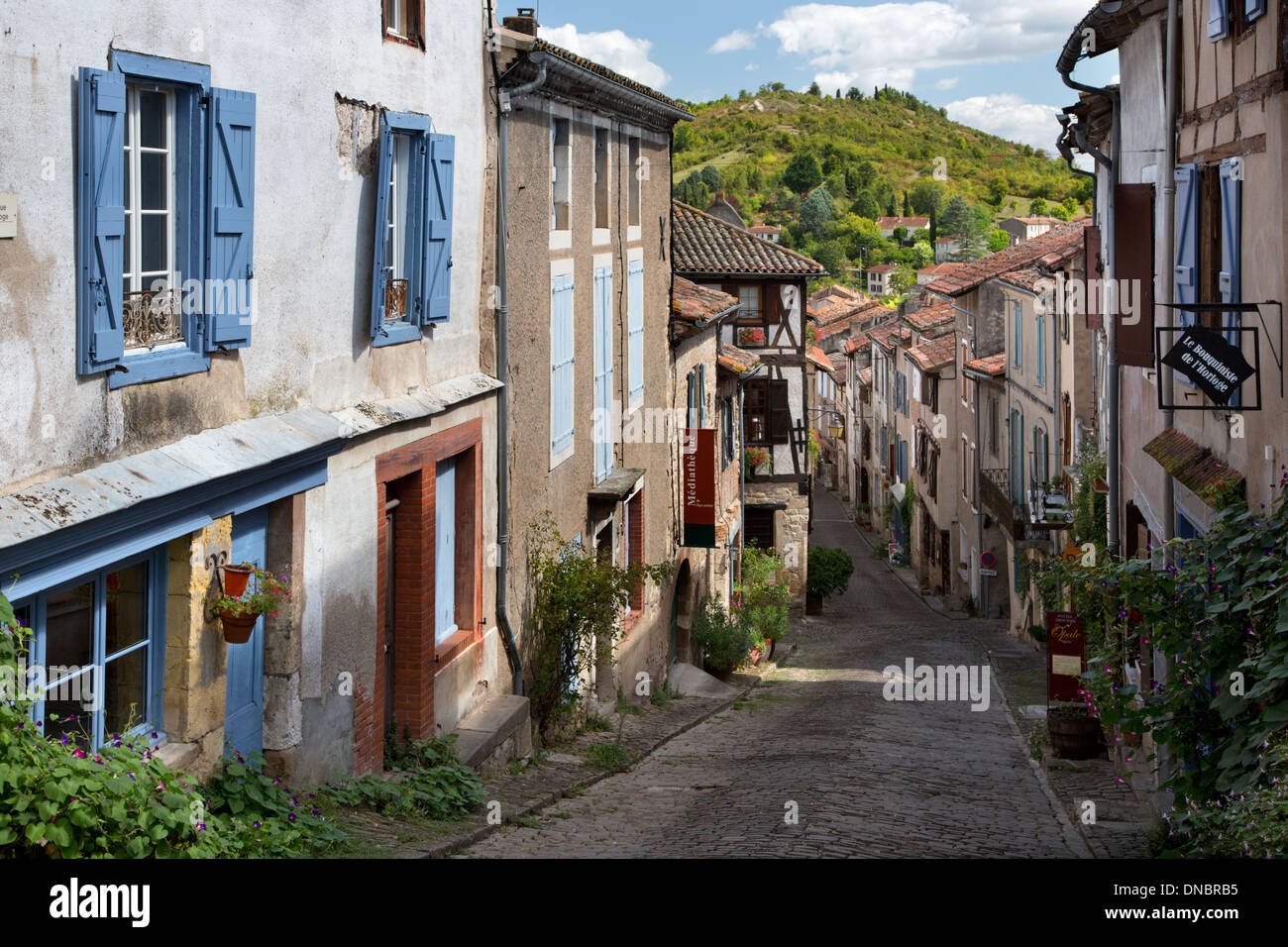 Cobbled street in Cordes-sur-Ciel in southern France Stock Photo