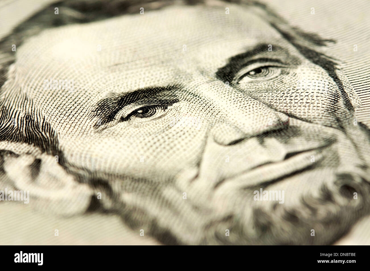 Abraham Lincoln on the new five dollar Stock Photo