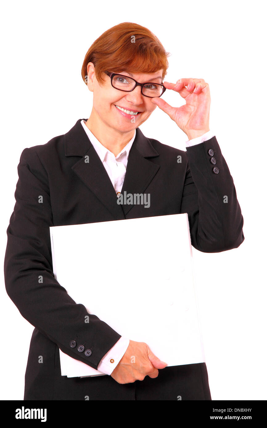 Mature red haired businesswoman with white office folder, isolated Stock Photo