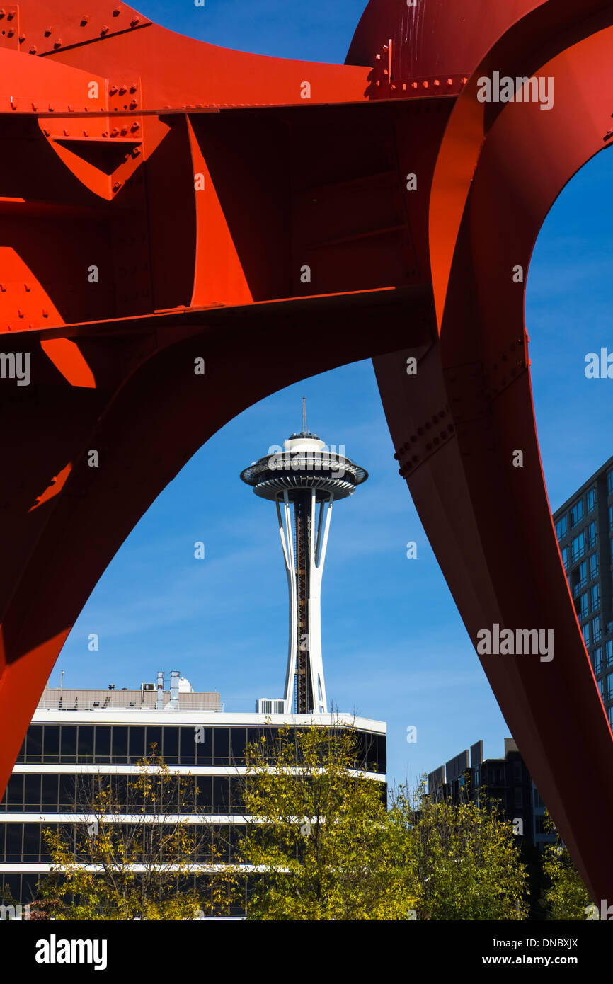 Space Needle seen from underneath 'Eagle' sculpture by Alexander Calder. Olympic Sculpture Park, Seattle, WA, USA. Stock Photo