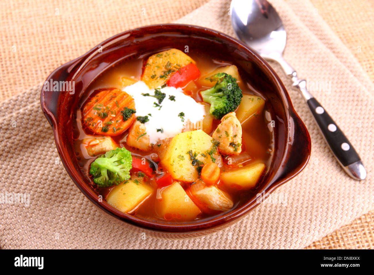 Vegetable stew with chicken, potato and sour cream, close up Stock Photo