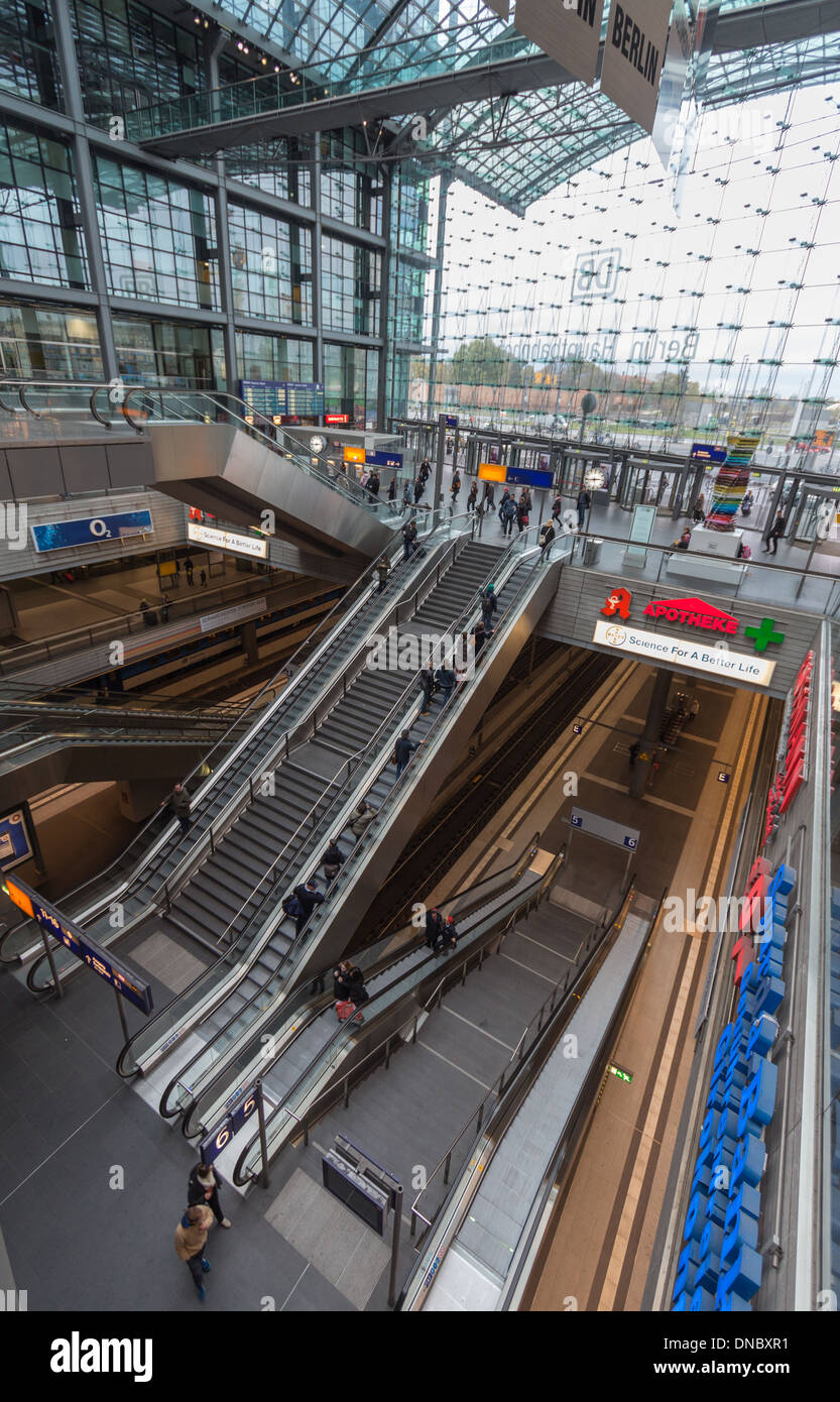 Berlin Railway Station looking downwards at escalators and the S Bahn Line Stock Photo