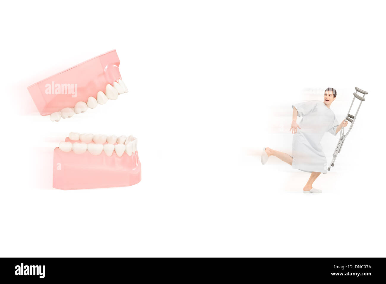 Afraid male patient in hospital gown with crutch running away from open