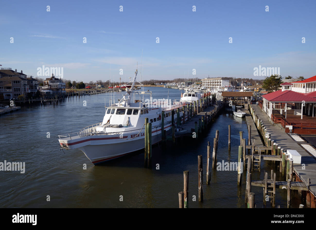 Marina view, Lewes, Delaware USA with white charter boats at the lined up along the dock. Stock Photo