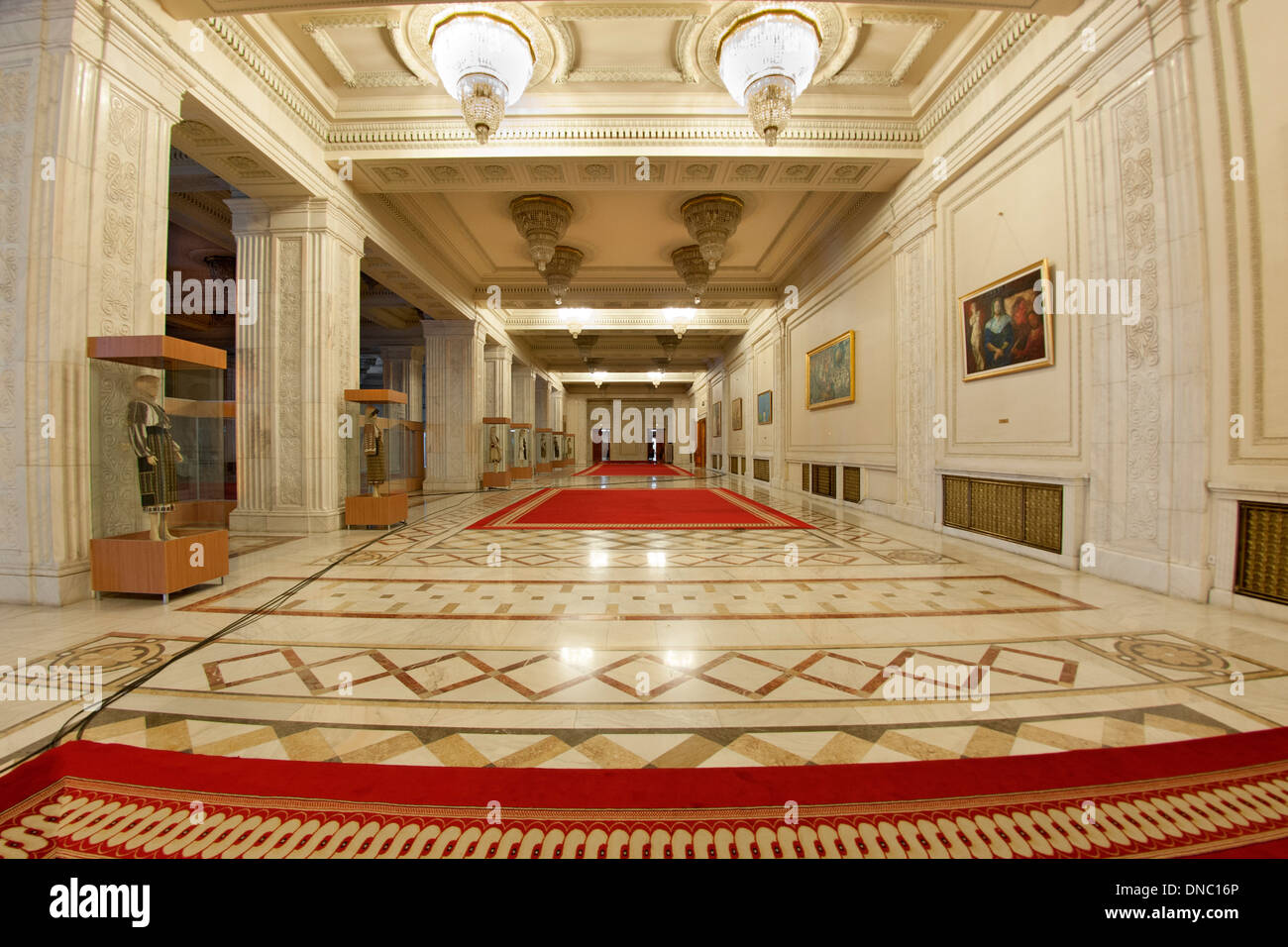 One of numerous halls in the Palace of the Parliament in Bucharest, the capital of Romania. Stock Photo