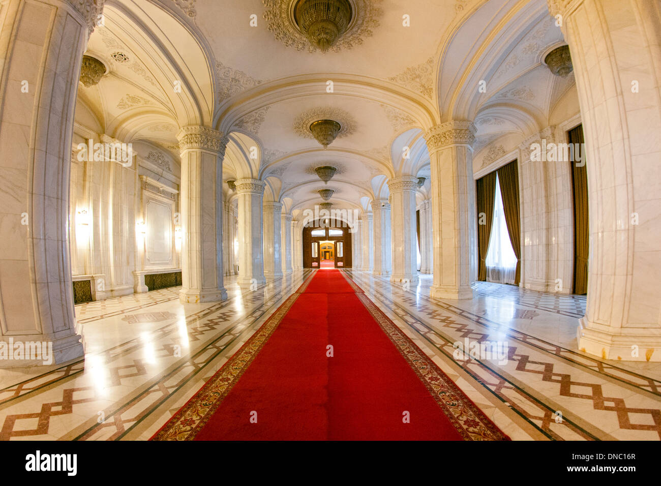 One of numerous halls in the Palace of the Parliament in Bucharest, the capital of Romania. Stock Photo