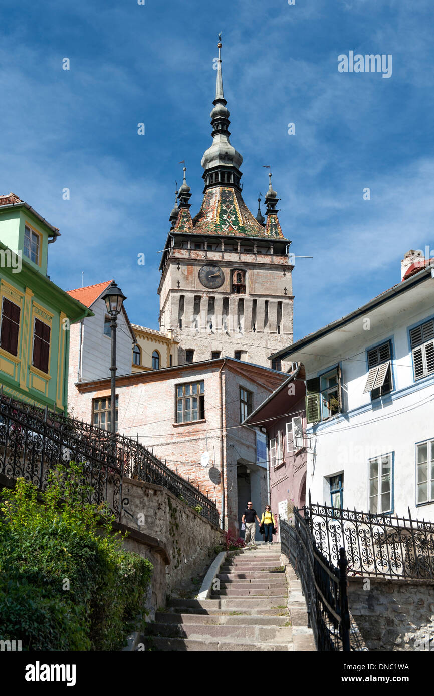 The Clock Tower in the Sighișoara citadel in Sighisoara, a town in the Transylvania region of central Romania. Stock Photo