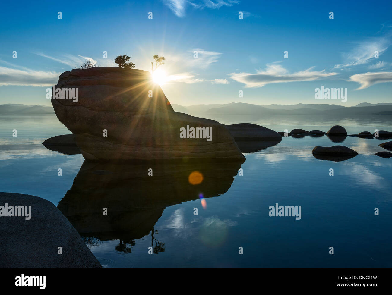 Dramatic view of Bonsai Rock in Lake Tahoe. Stock Photo