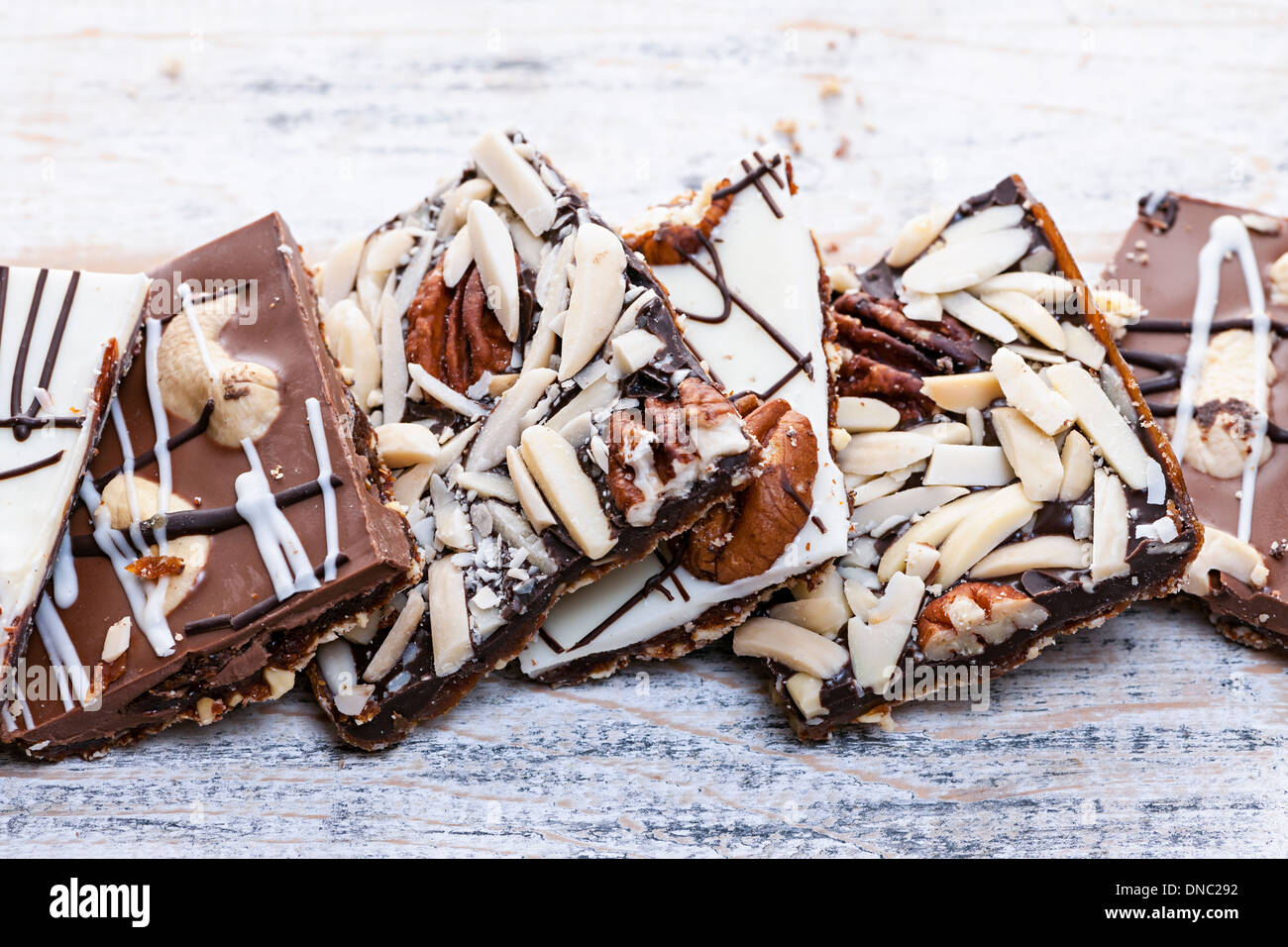 Assorted chocolate caramel bark pieces for sweet dessert Stock Photo