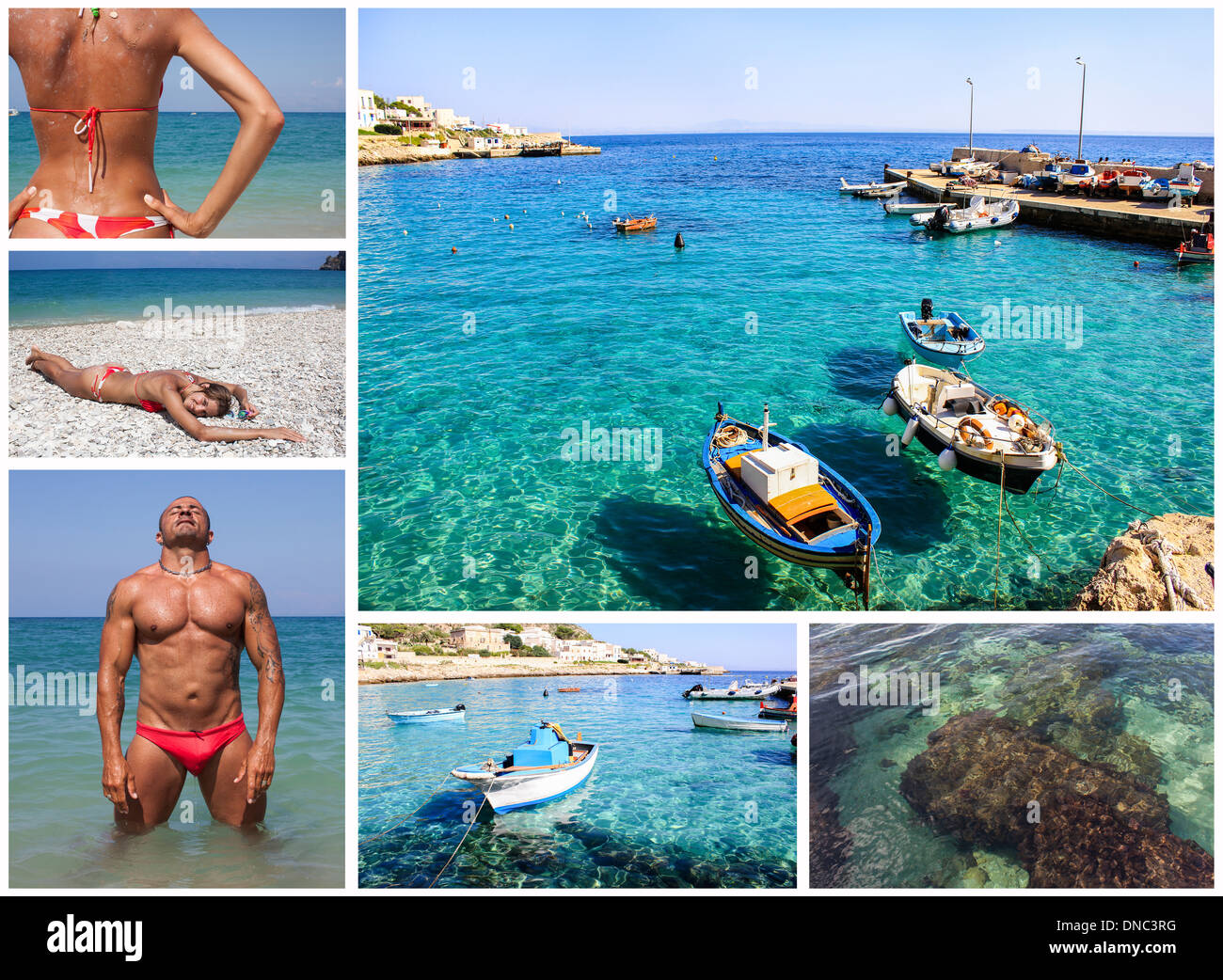 collage summer sea vacation woman man bikini body "fishing boats" rowboat sexy sensual ocean sunny Stock Photo