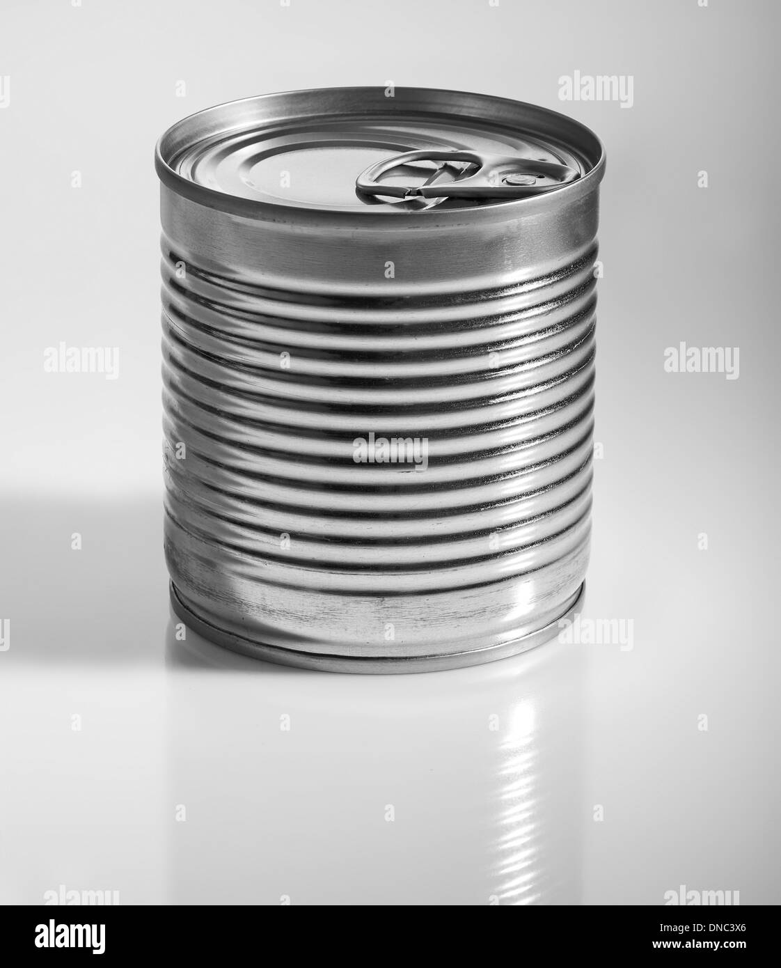 A silver tin can on a grey background. Stock Photo