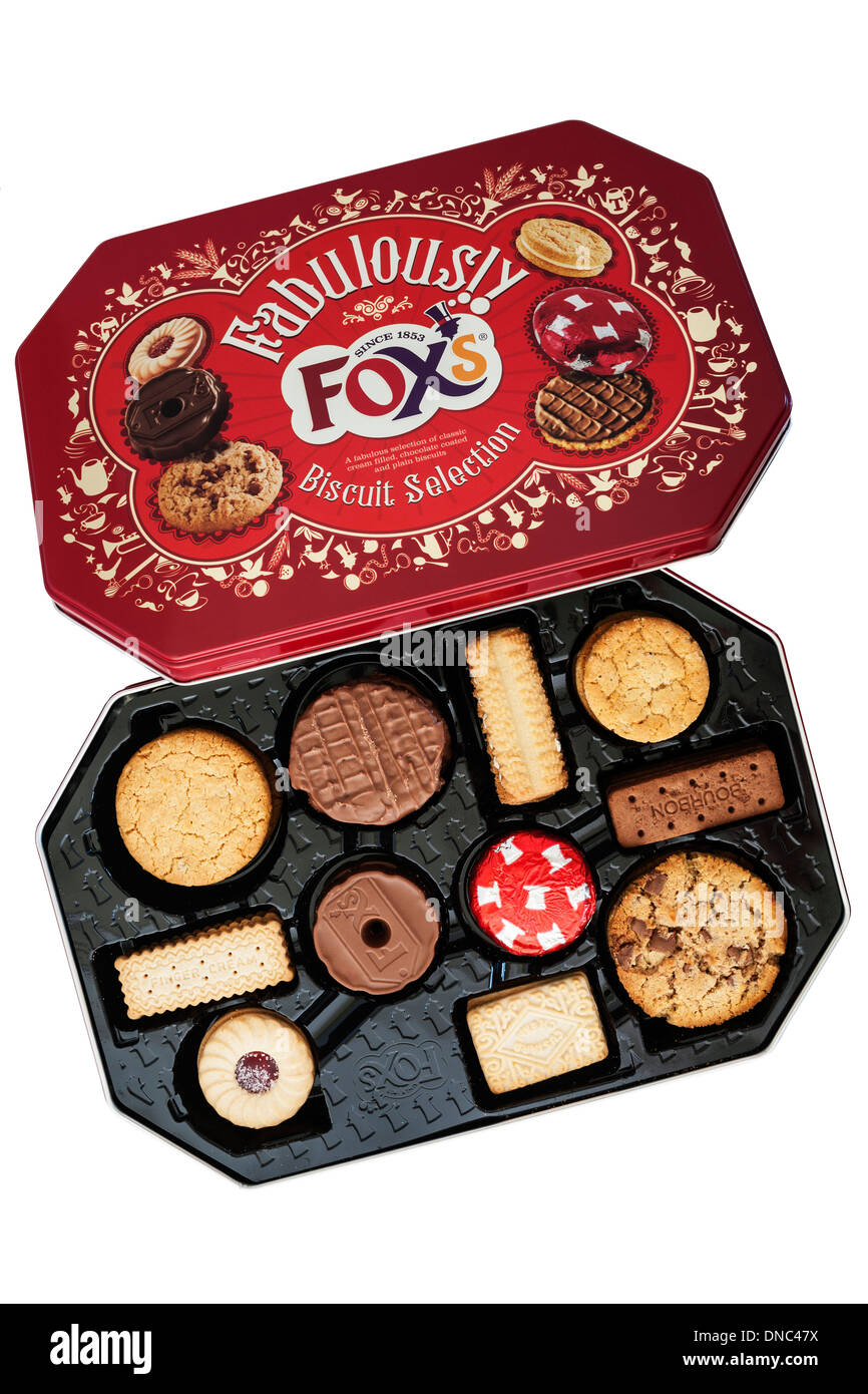 A tin of Fox's biscuit selection biscuits on a white background Stock Photo