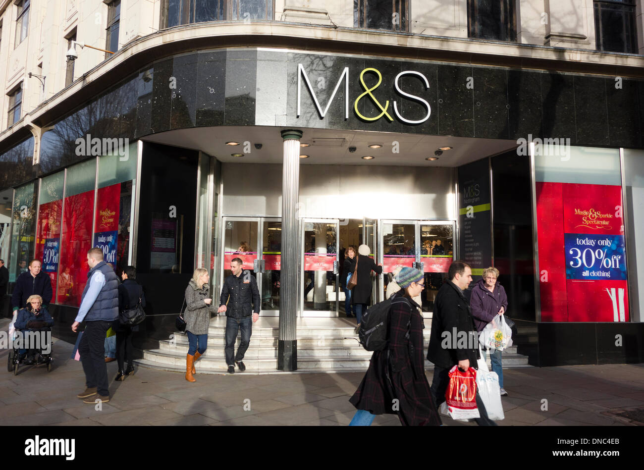 Nottingham, England, U.K. 21st December 2013. UK retailer M&S hold a one day sale discounting 30% off clothing in their high street stores on the last Saturday before Christmas. Credit:  Mark Richardson/Alamy Live News Stock Photo
