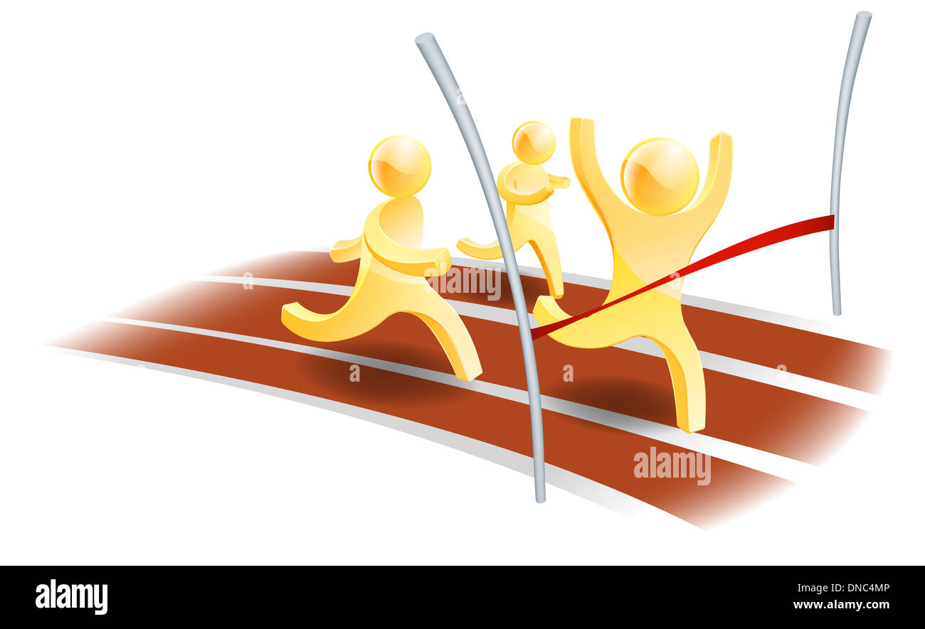 Winning race concept, three people racing on a track with one about to cross the finish line Stock Photo