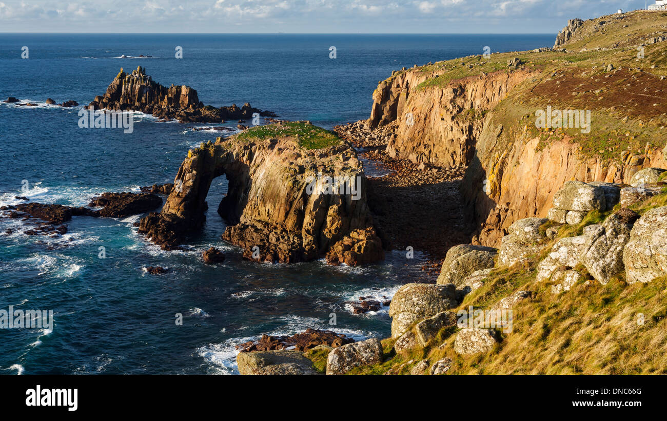 Enys Dodnan and the Armed Knight rock formations off Lands End Cornwall England UK Europe Stock Photo