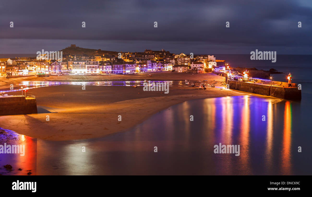 Night shot overlooking St Ives Harbour Cornwall England UK Europe Stock Photo