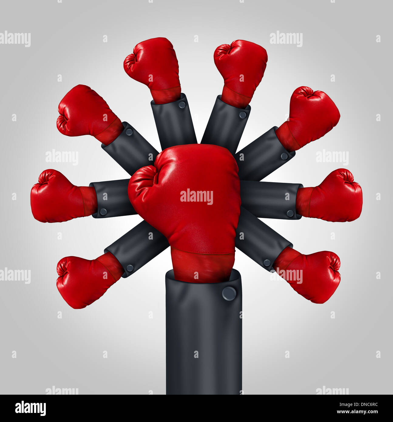 Increasing Competitiveness business leadership concept with the arm of a businessman wearing a red boxing glove and a group of gloves emerging from the leader as a metaphor for organized competition and team strength. Stock Photo