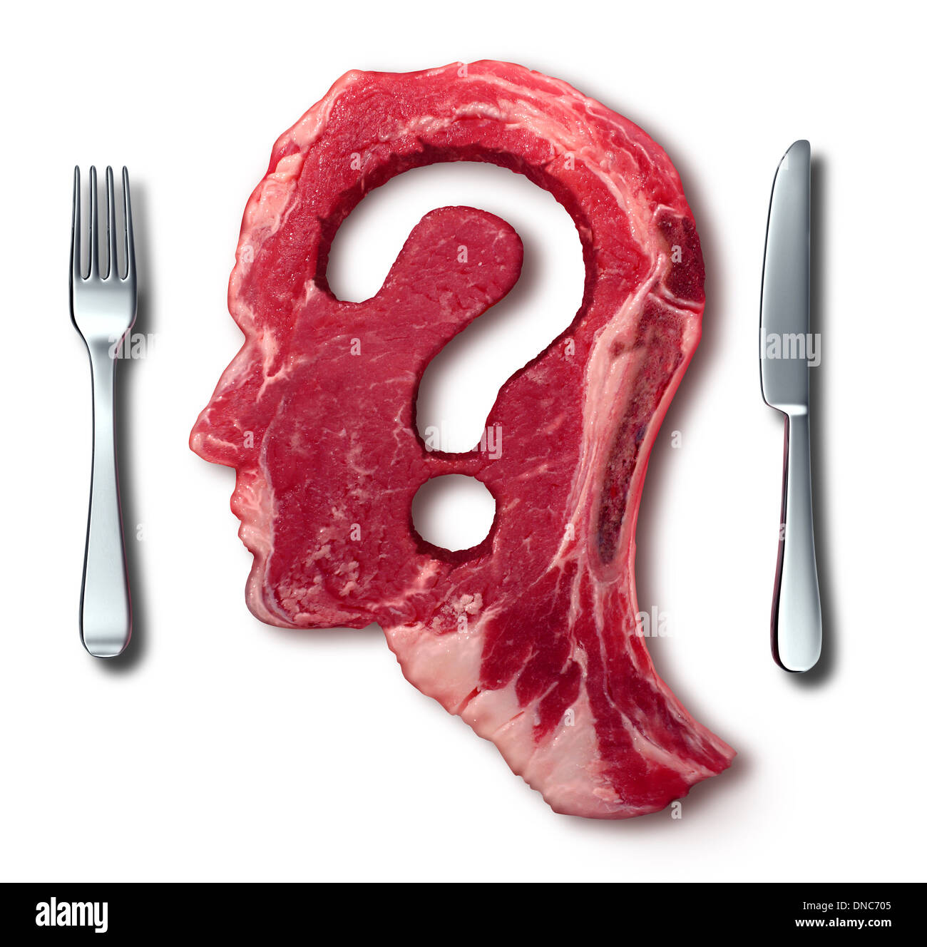 Eating meat questions concept or diet and nutrition decisions as a red