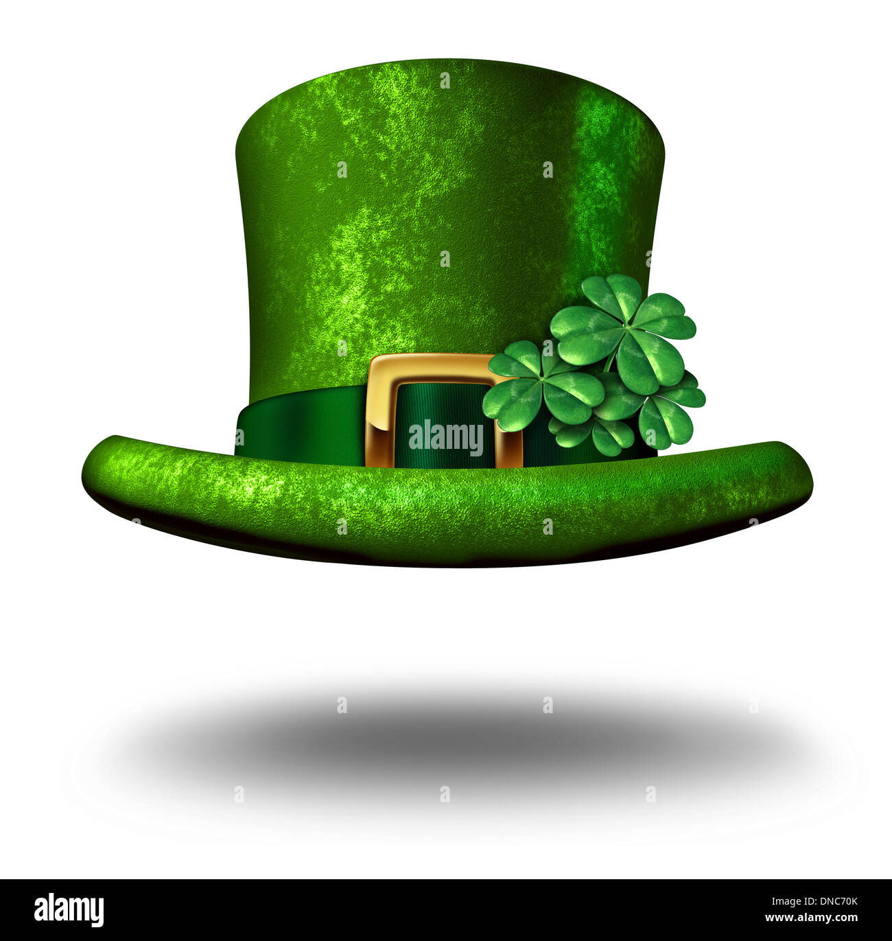 Green shamrock lucky top hat as a St Patricks day symbol and luck icon of Irish tradition celebration with magical four leaf clover decoration on a leprechaun cap floating in the air on a white background. Stock Photo