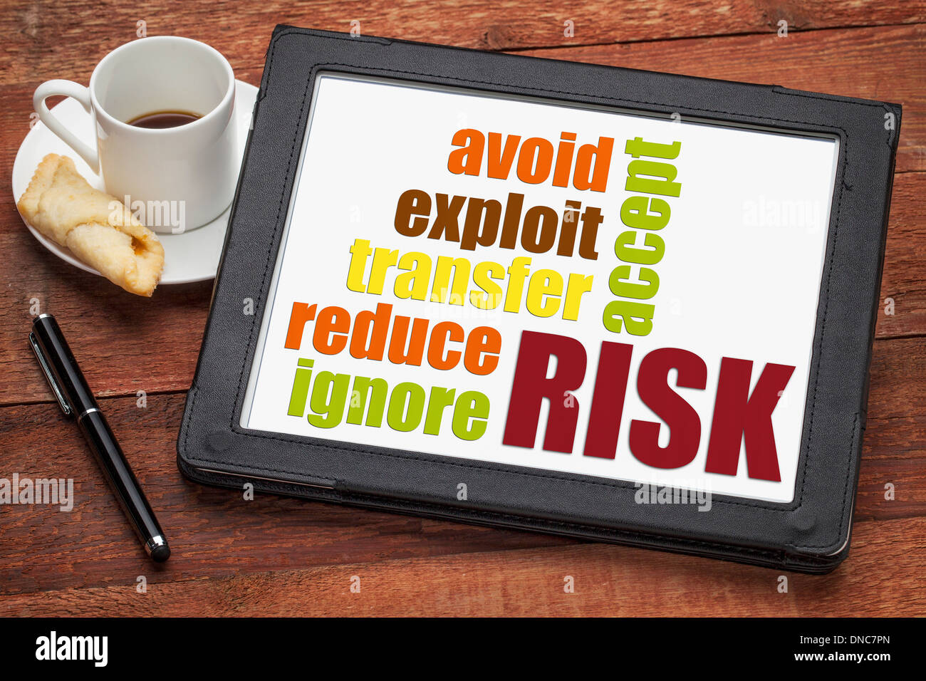 risk management strategies - ignore, accept, avoid, reduce, transfer and exploit - word cloud on a digital tablet Stock Photo