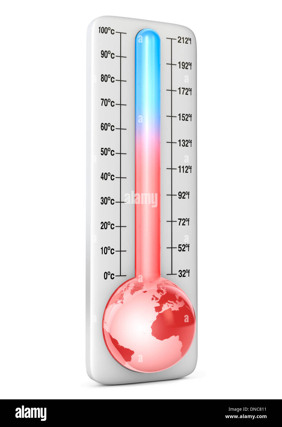 GLOBAL WARMING CLIMATE CHANGE CRISIS THERMOMETER EARTH PLANET Rising Temperatures Carbon Footprint Illustration - Concept Stock Photo