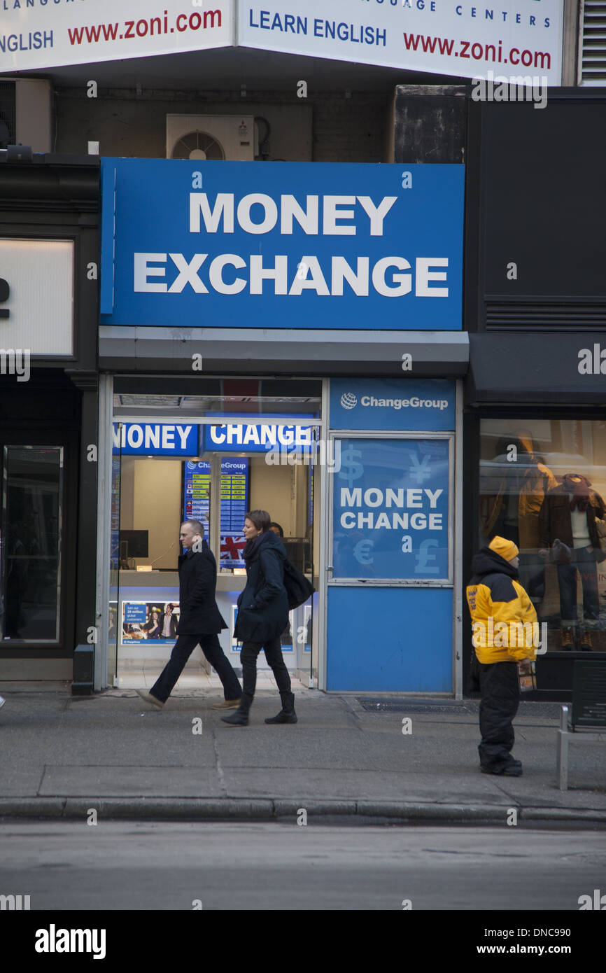 International money exchange along 34th Street in New York City. Stock Photo