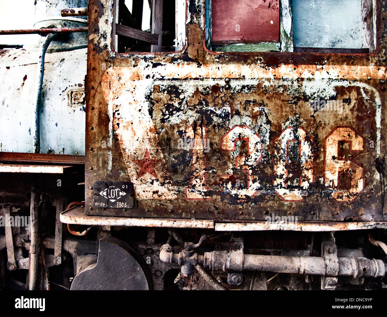 Old paintwork on a vintage train in a wreck yard in Havana, Cuba Stock Photo