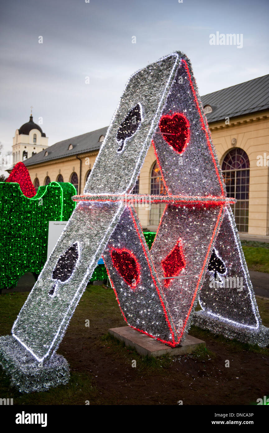 Illuminated pyramid of playing cards in Wilanow Stock Photo