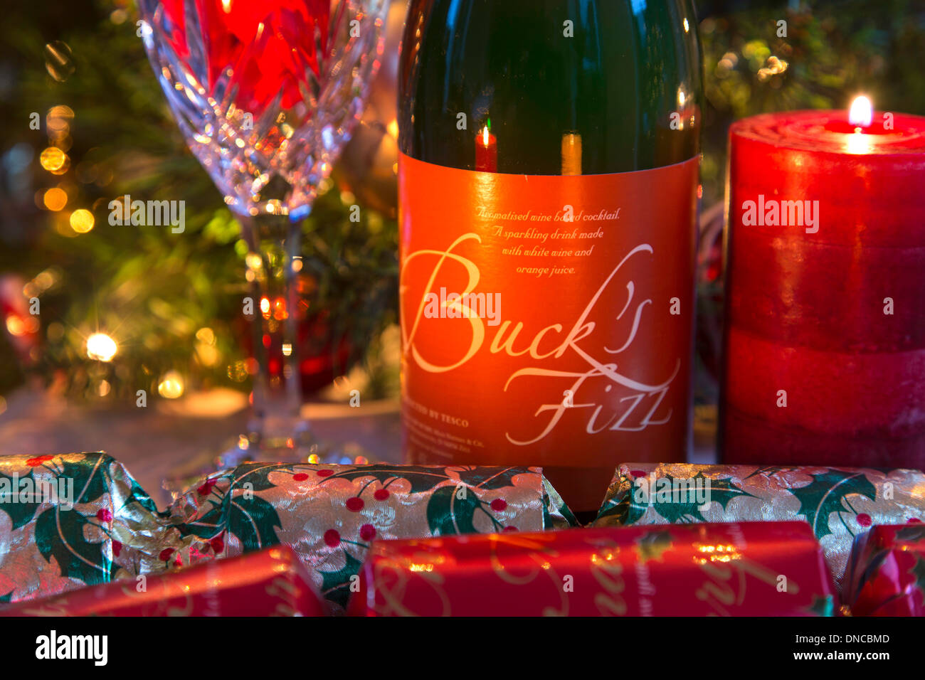 A bottle of Buck's Fizz on a festive table, England, UK Stock Photo