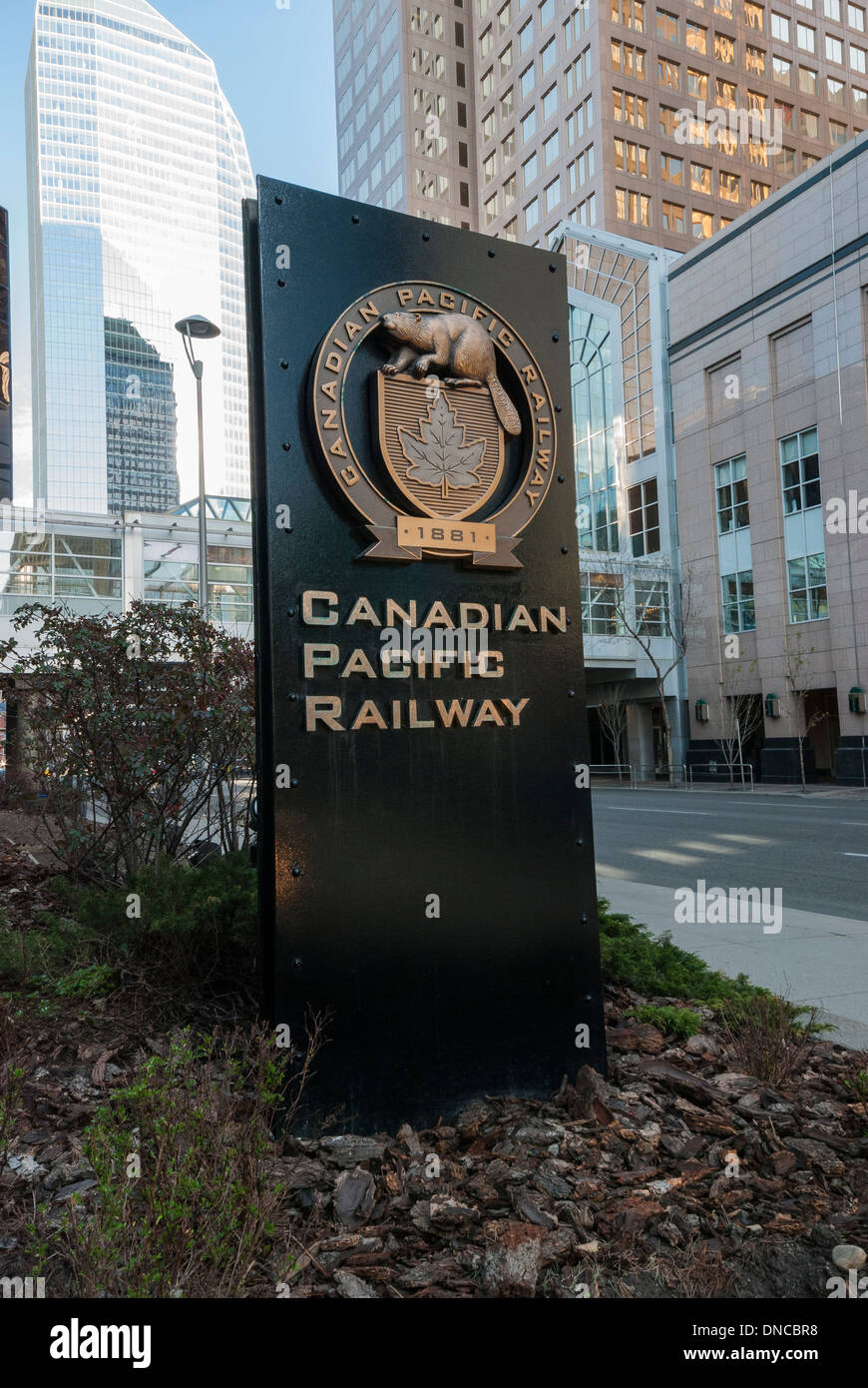 The Canadian Pacific Railway sign in downtown Calgary Alberta at the former site of company headquarters, relocated in 2012. Stock Photo