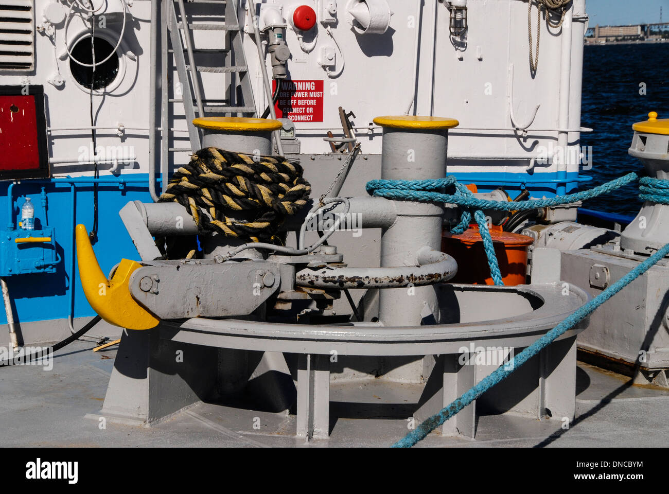 The deck and equipment of an Ocean going tugboat Stock Photo