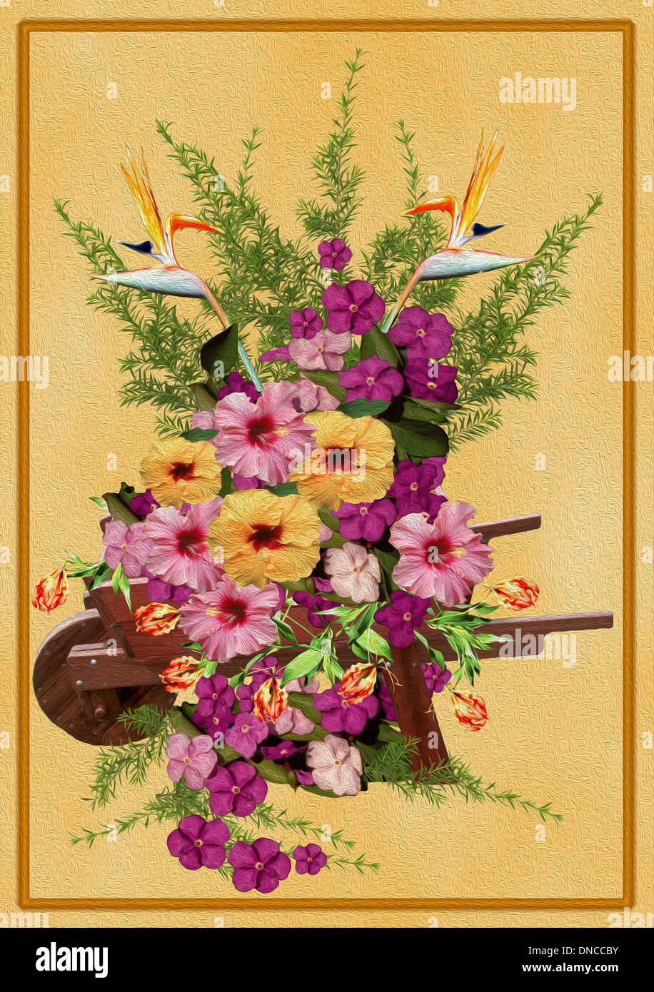 Unique digital floral art design, collage of brightly coloured hibiscus flowers and lacy foliage spilling out of wooden wheelbarrow on apricot backgrd Stock Photo