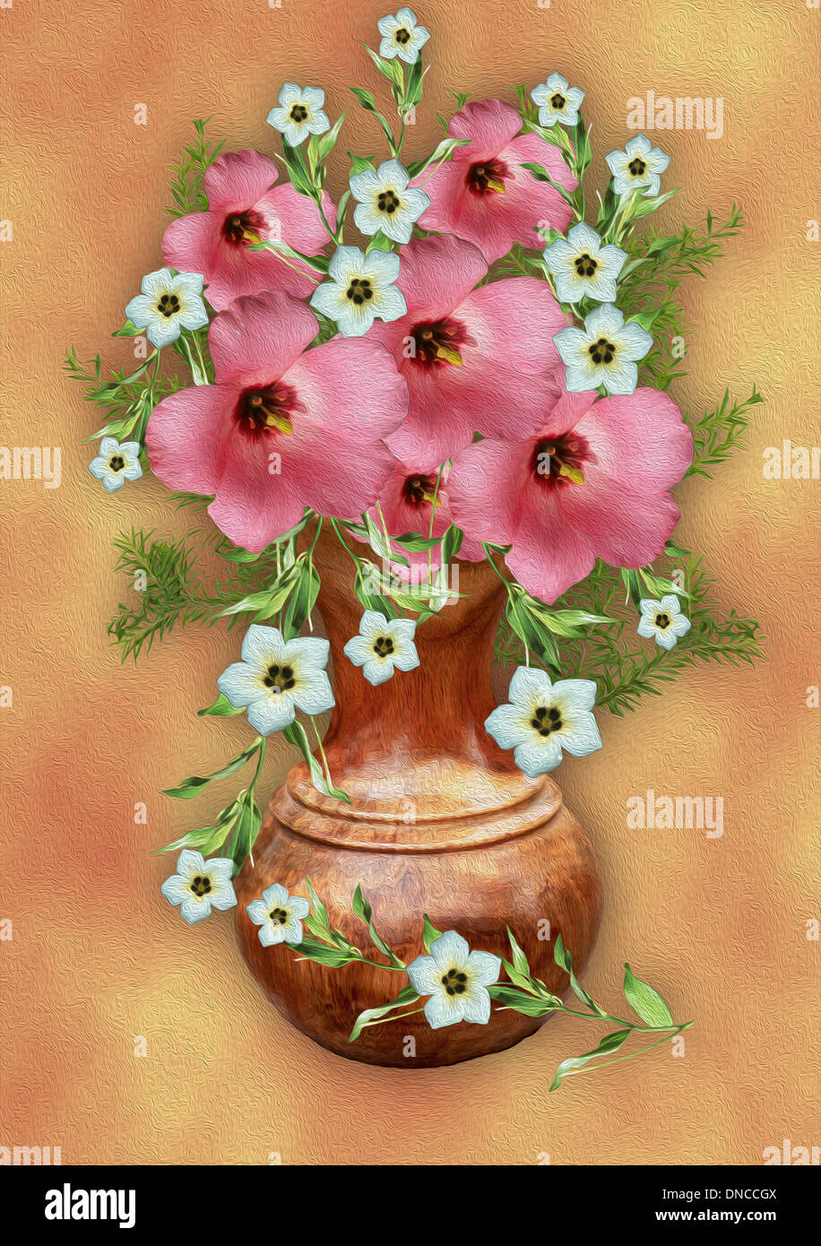 Unique digital floral art with pink lisianthus and white turnera