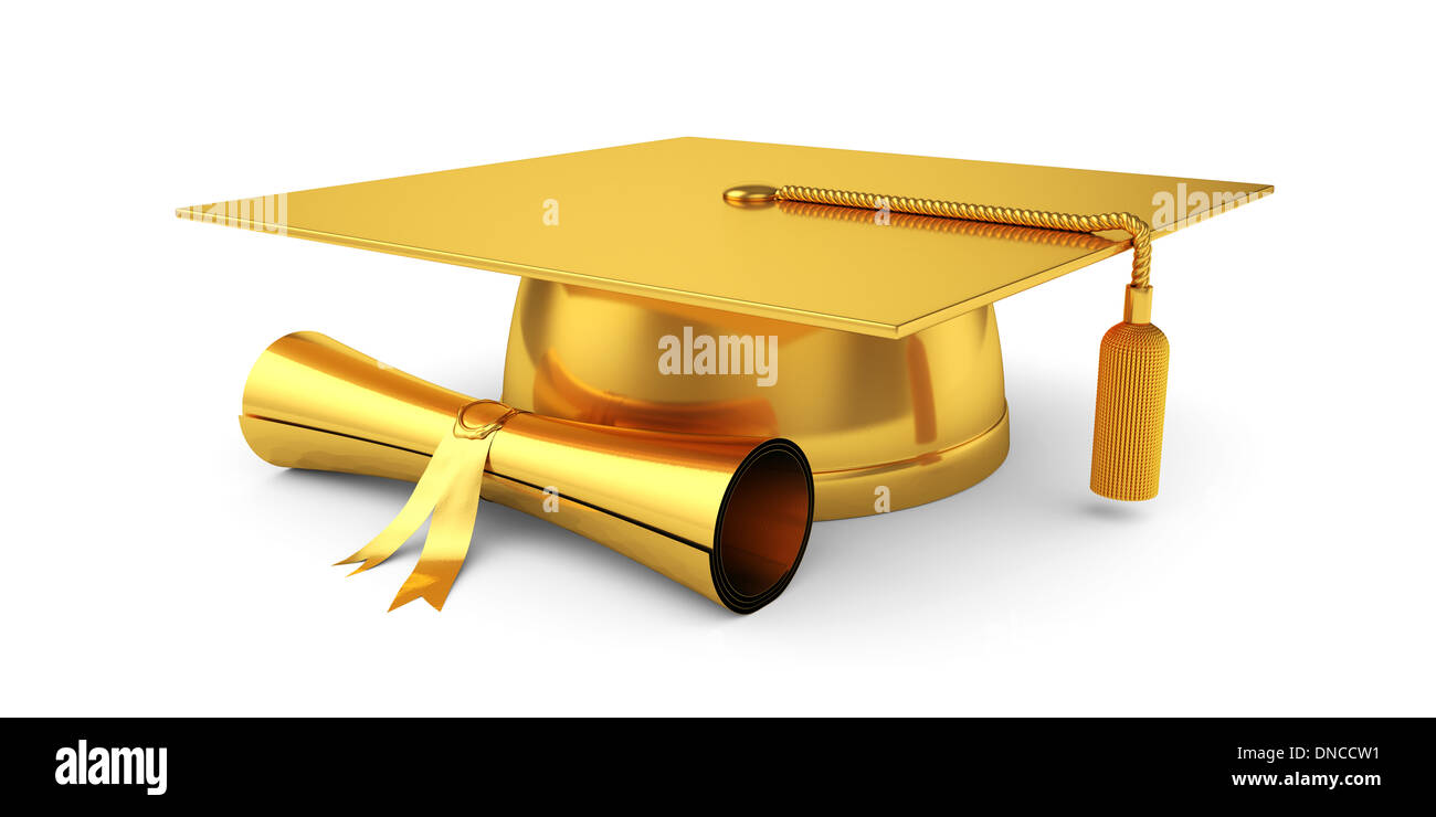 3d illustration of golden graduation cap with diploma. Isolated on