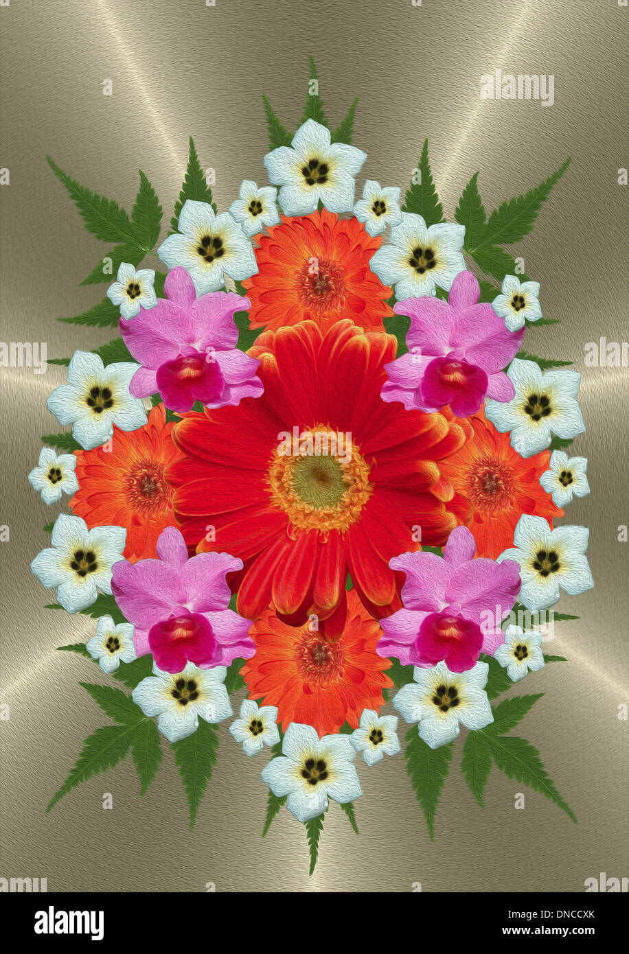 Unique digital floral arrangement with cluster of bright orange gerberas, surrounded by white turnera flowers, orchids on metallic silver background Stock Photo