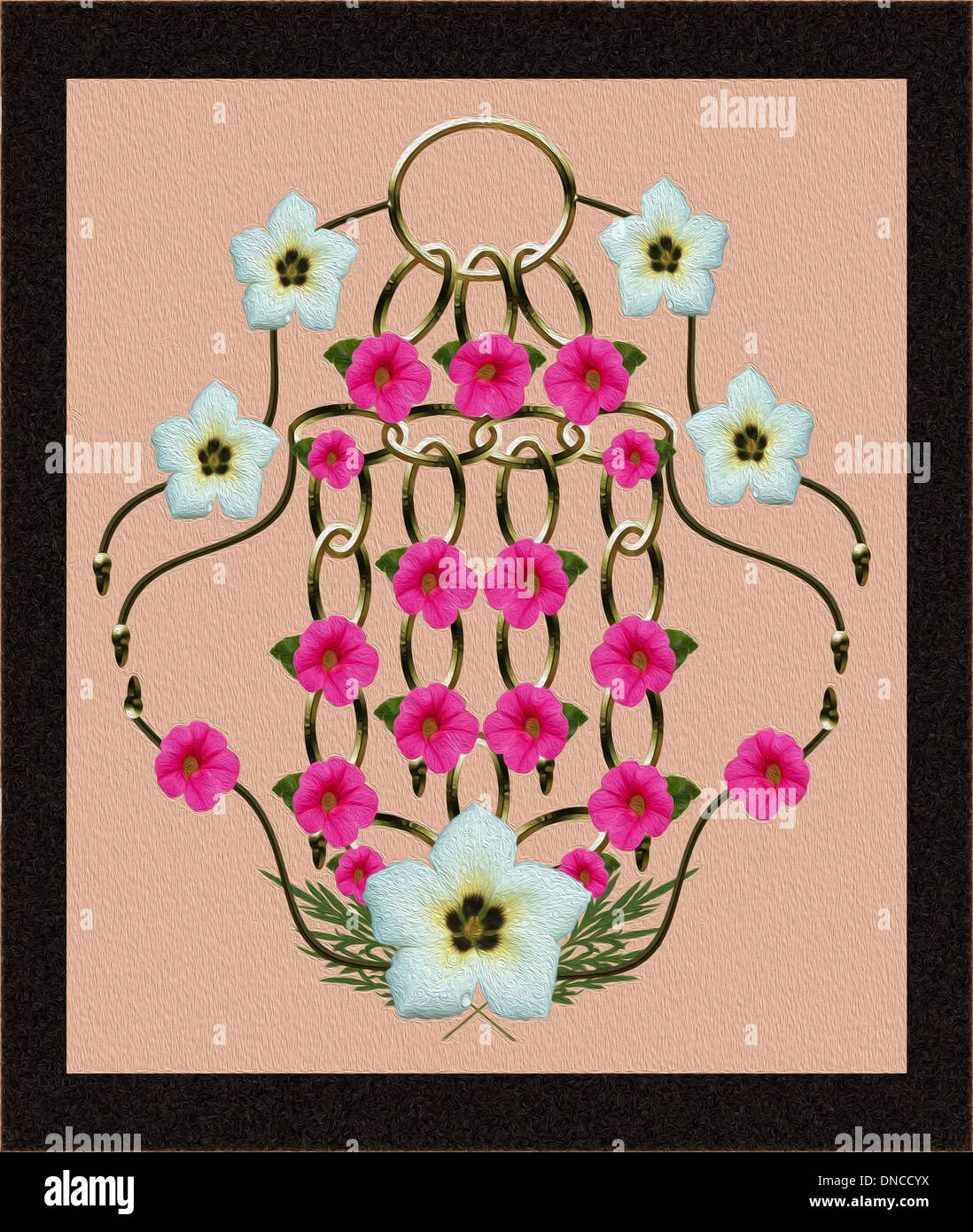 Unique digital floral art with bright pink / red petunias and white turnera flowers linked by ornate golden metallic chain Stock Photo