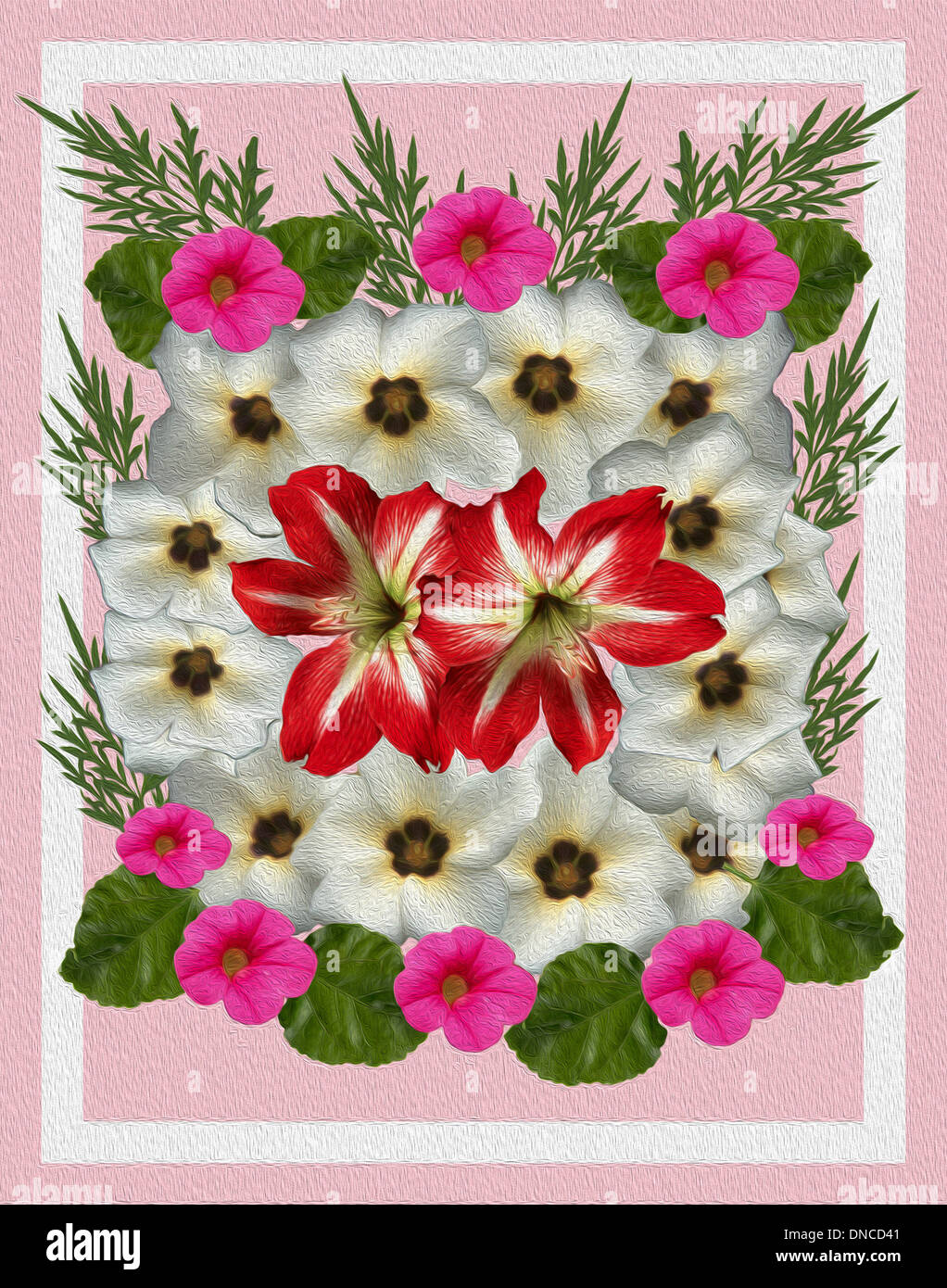 Unique digital floral art with white turnera flowers, pink petunias, red hippeastrums, and fern-like foliage against pink background with white border Stock Photo