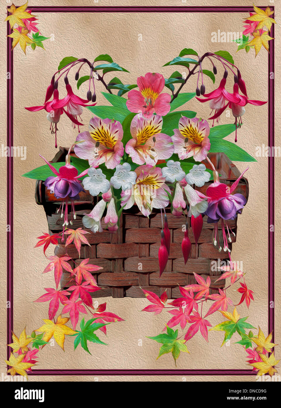 Unique floral art with pink alstroemeria flowers, purple fuchsias, colourful red and gold autumn leaves in brown wicker basket Stock Photo