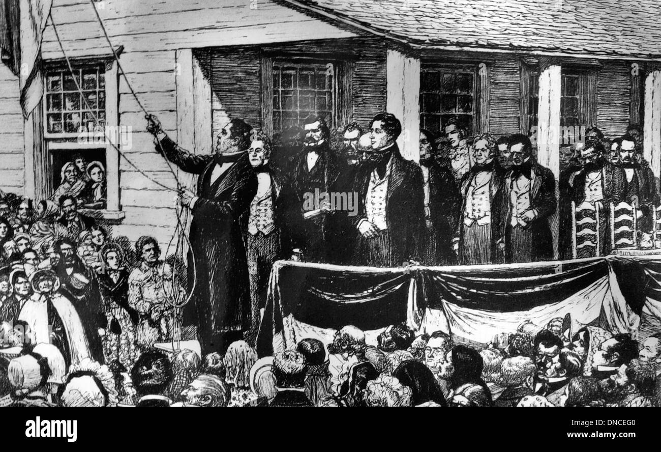 The Republic of Texas is no more - President Anson Jones formally turned over the government to J Pinckney Henderson, the first governor of the state of Texas. As the Texas flag lowered, Jones said 'The drama is ended. The Republic of Texas is no more' 1846 Stock Photo