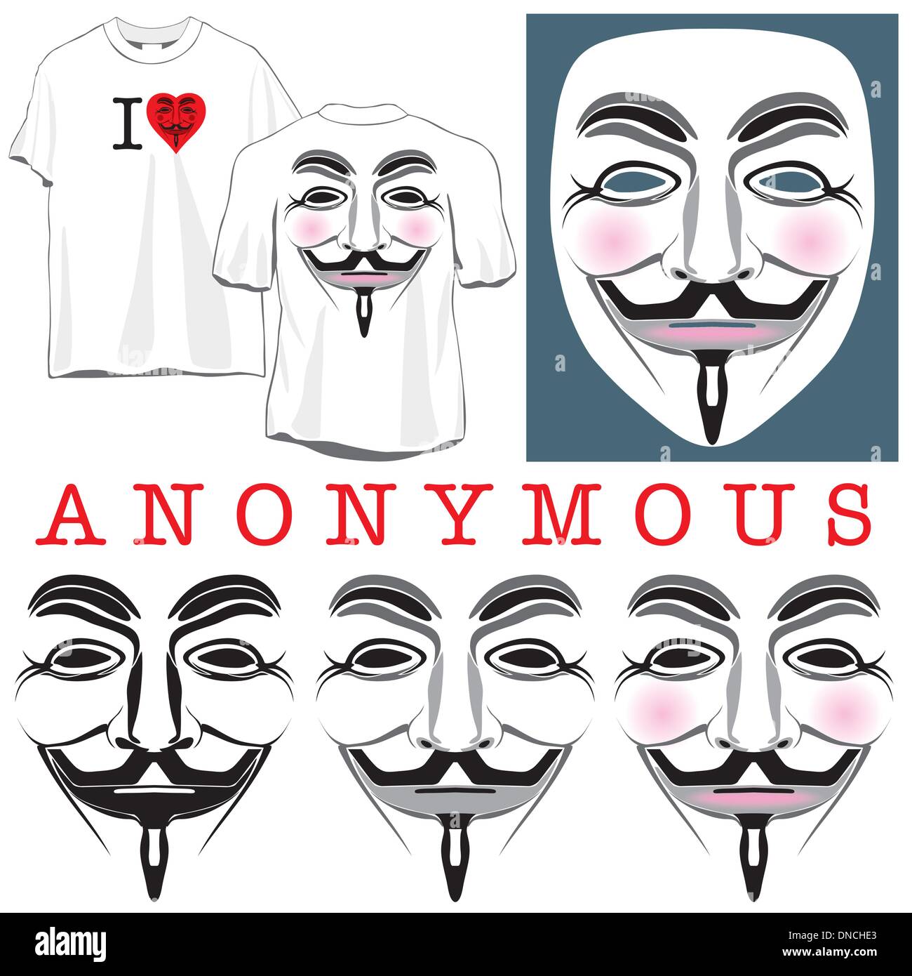 Anonymous Faces in Black, Color and T-shirts Stock Vector