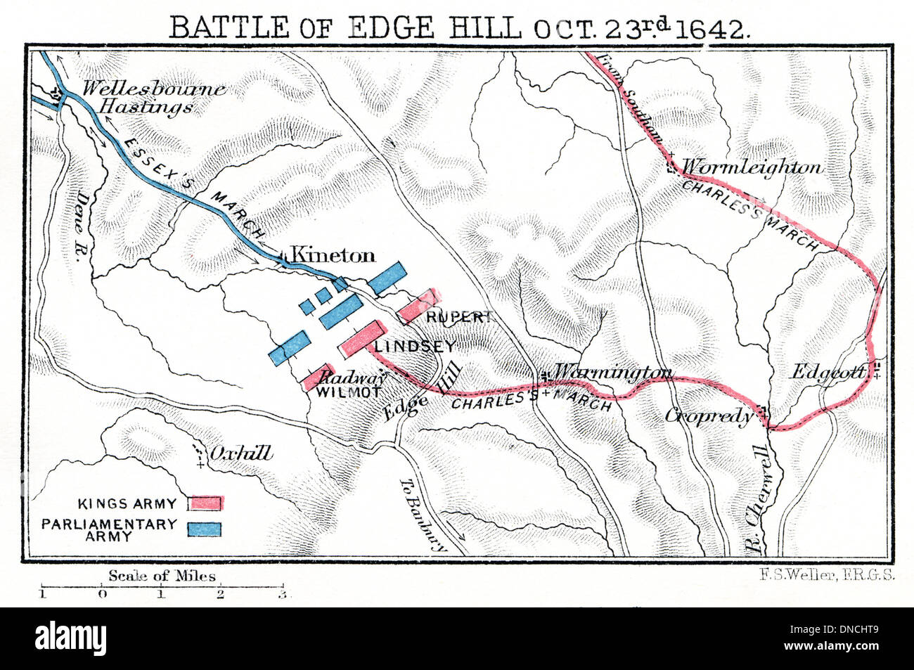 Battle of Edge Hill, October 23rd 1642. Map of Battle plan. Published 1899. Stock Photo