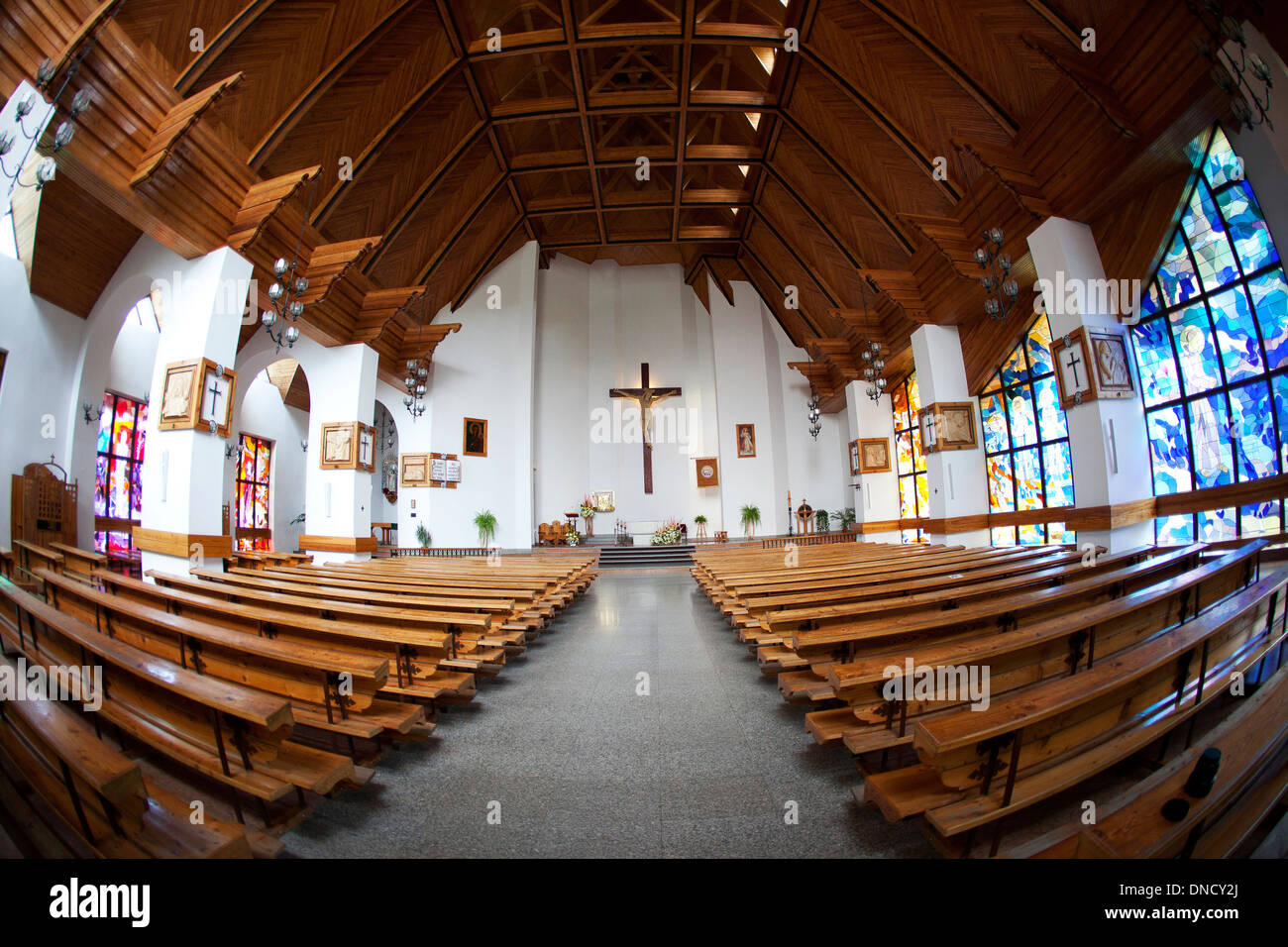 The Catholic Church interior in Poland, fisheye view. Stock Photo