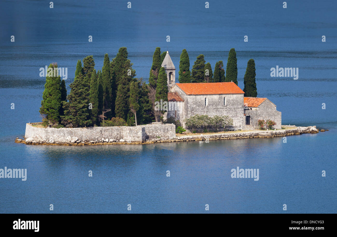 Bay of Kotor. Small island with ancient Monastery Stock Photo