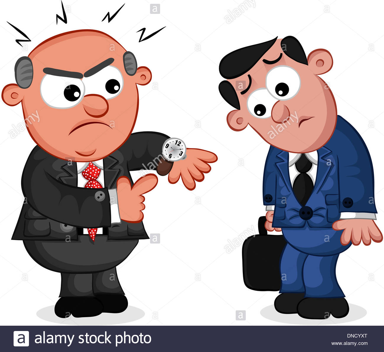 Businessman. Cartoon boss man angry at an employee late for work Stock ...