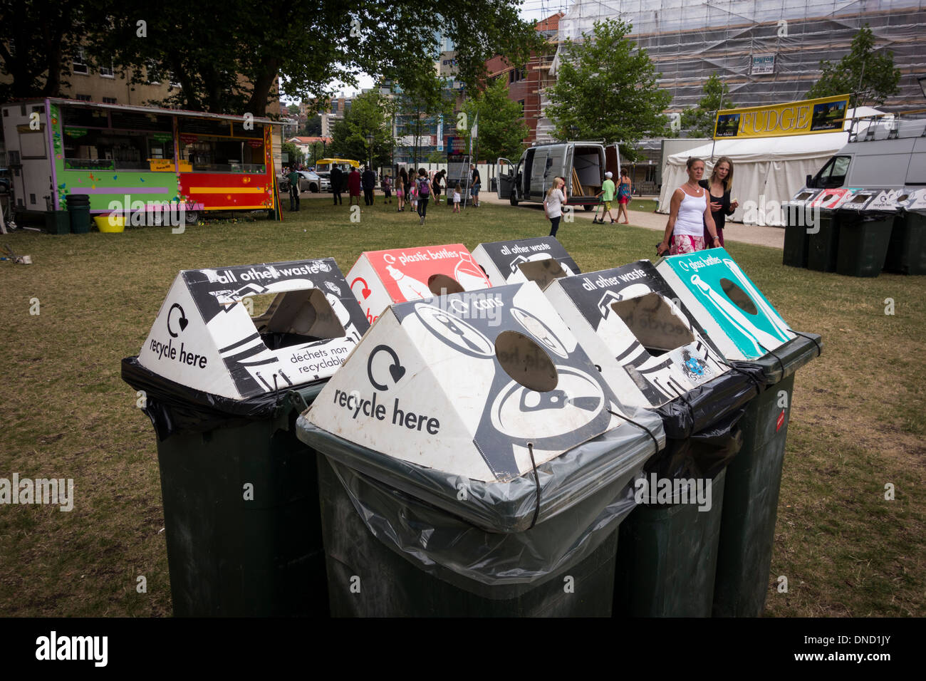 Bins for recycling installed in Queen Square during Bristol Harbour Festival, Bristol, UK Stock