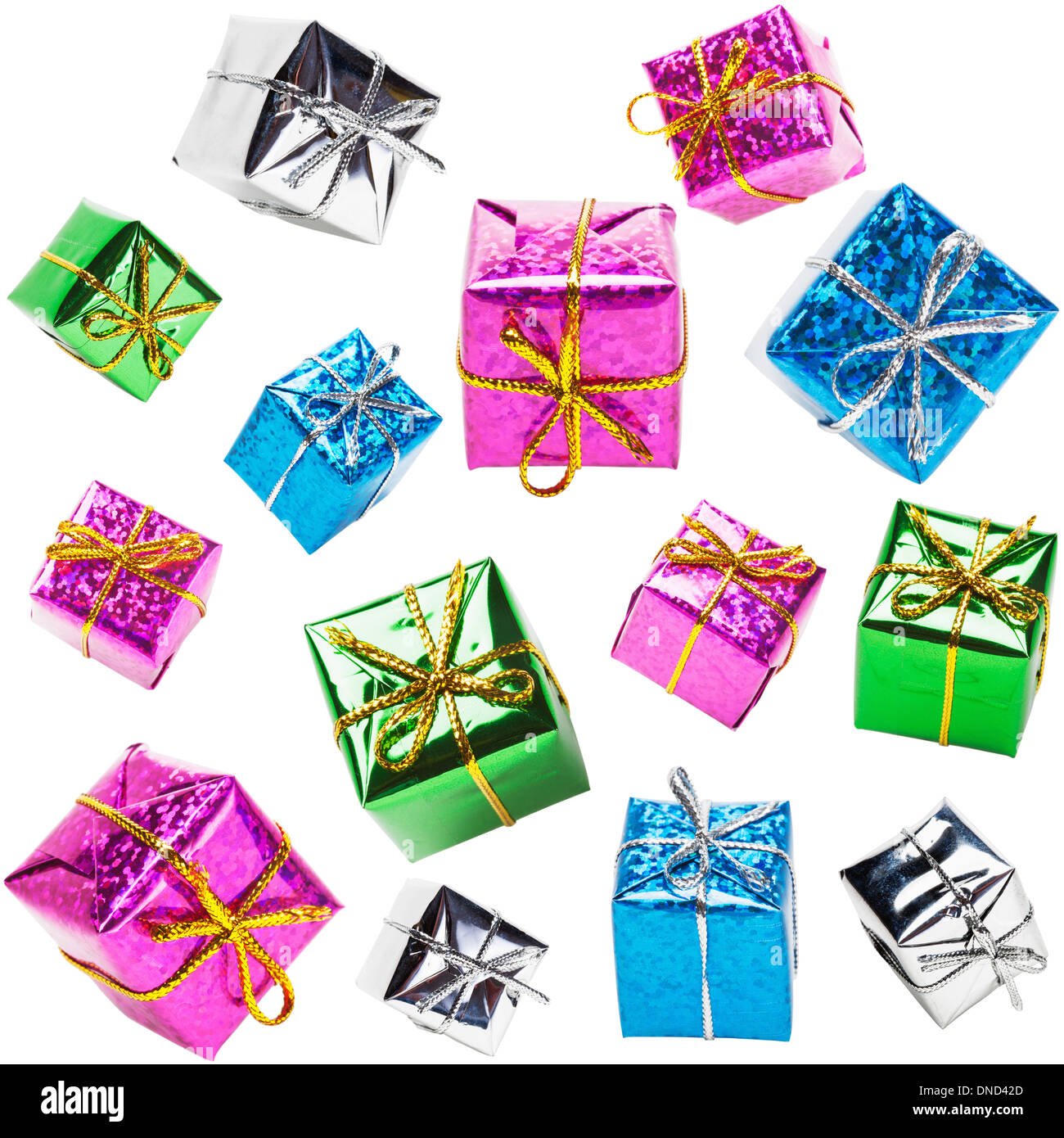 Flying colorful gift boxes collection isolated on white background Stock Photo