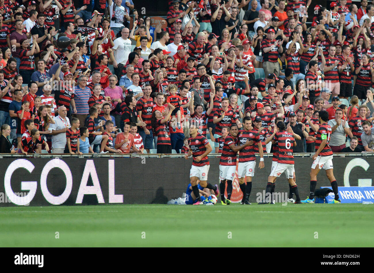 Sydney, Australia. 23rd Dec, 2013. Celebrations after Wanderers forward Tomi Juric scores during the Hyundai A League game between Western Sydney Wanderers FC and Central Coast Mariners FC from the Pirtek Stadium, Parramatta. The Wanderers won 2-0. Credit:  Action Plus Sports/Alamy Live News Stock Photo